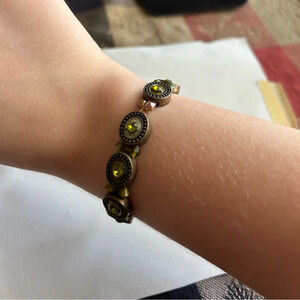 3/$20 Ornate Brown With Green Crystal Beaded Thin Elastic Bracelet